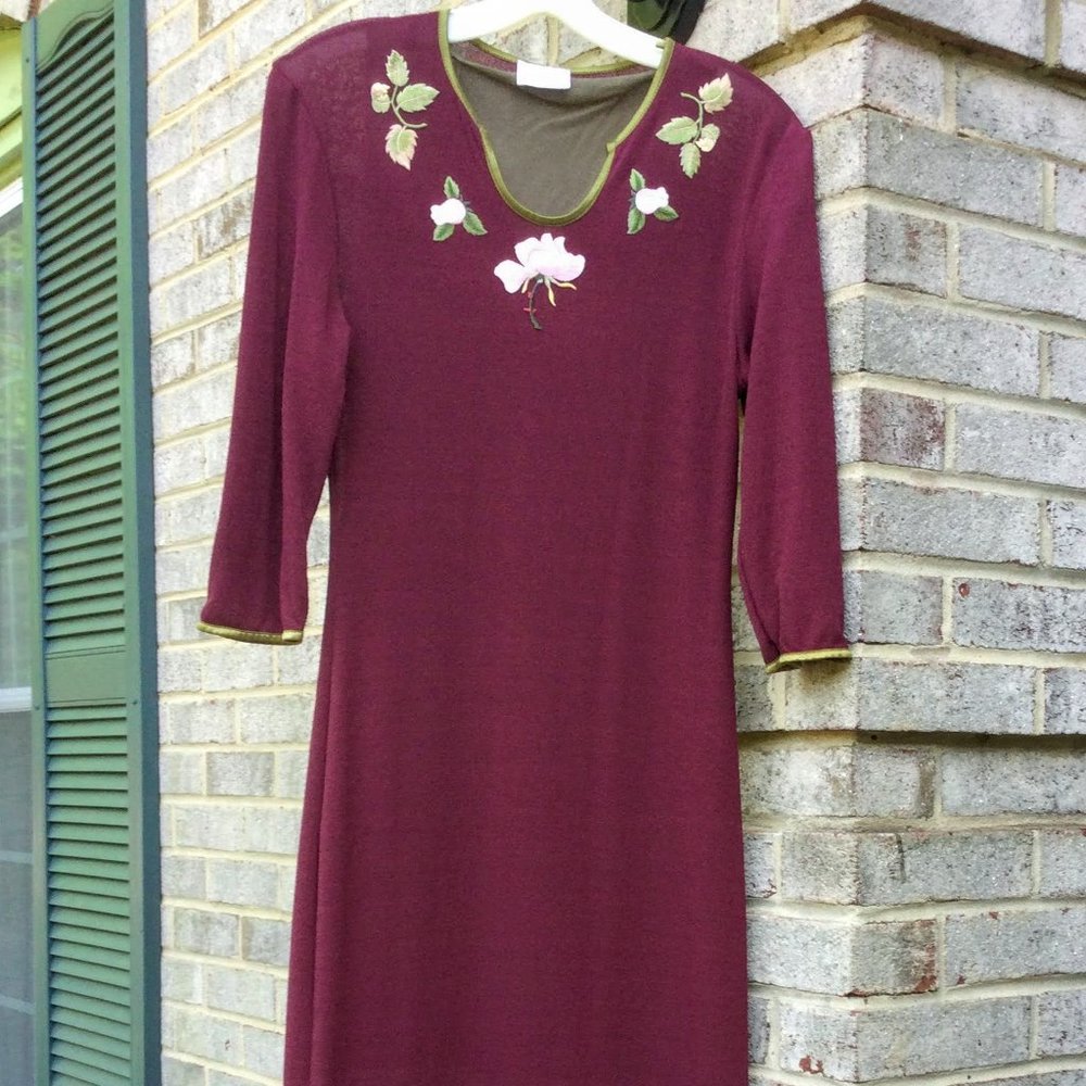 Deby Debo Neck Floral Embroider Burgundy Maxi Dress